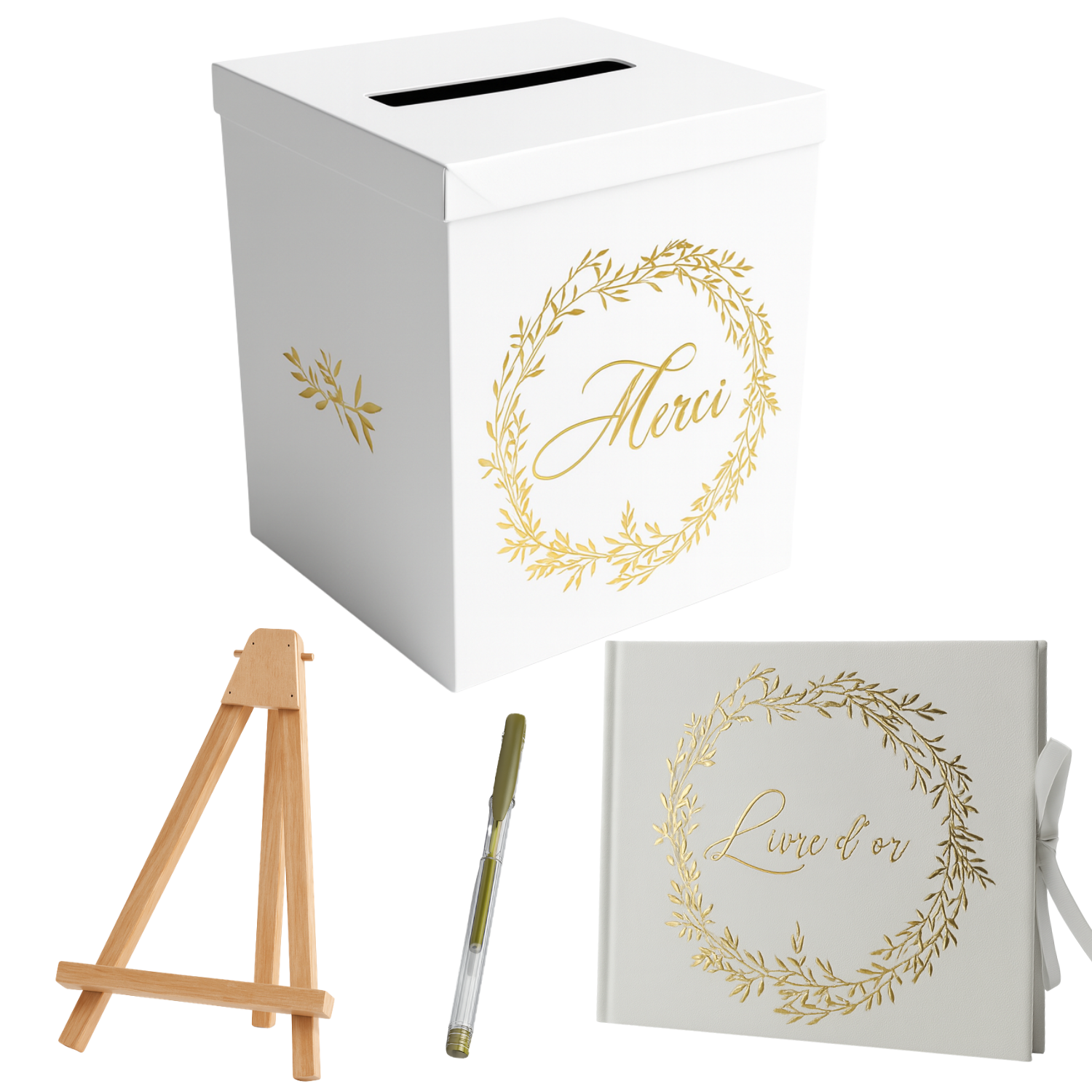 Pack Signature : 4 éléments (Urne Merci, Livre d’or, Stylo encre doré, Chevalet en bois) pour mariage, baptême, anniversaire, départ en retraite et toutes célébrations