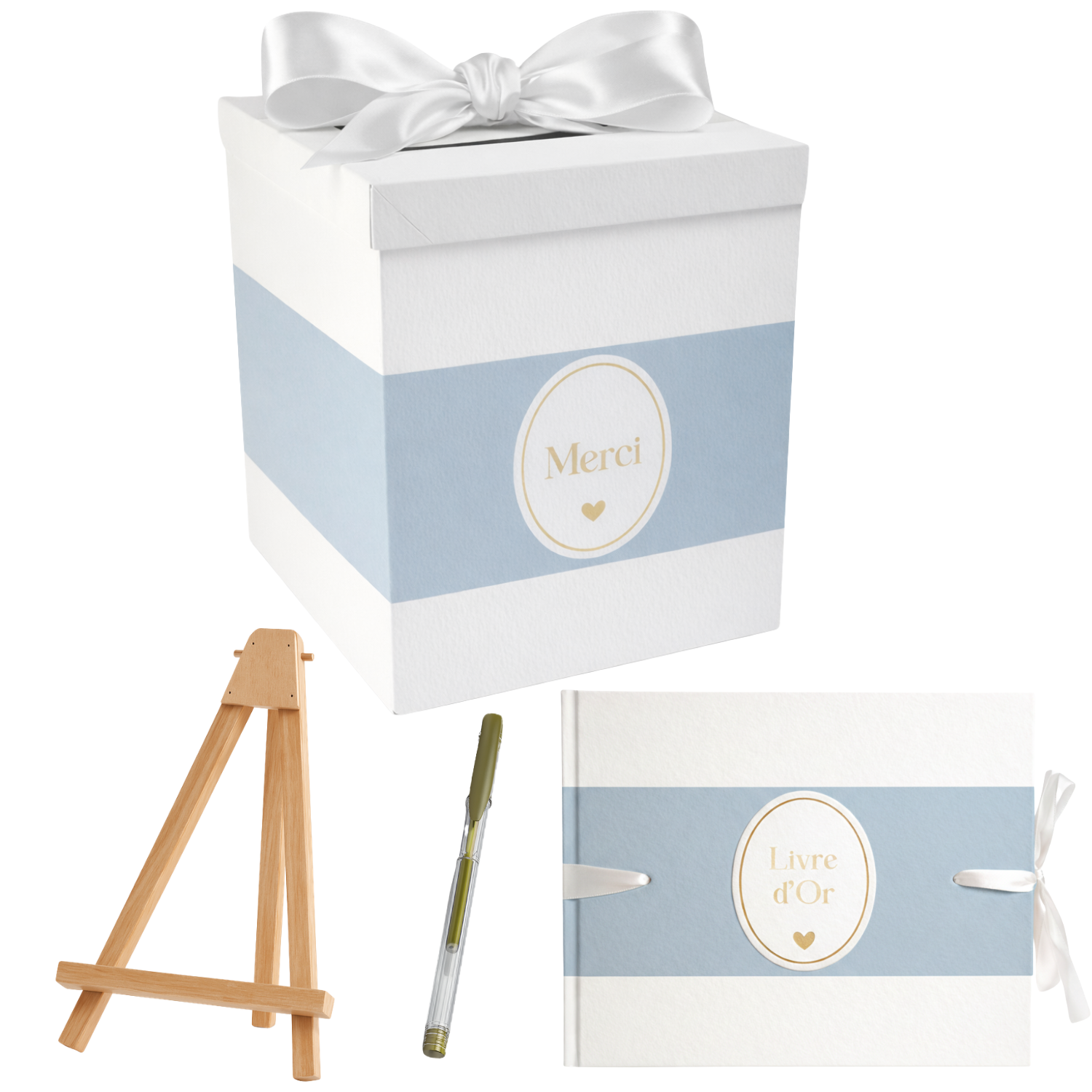 Pack Signature Bleu et Blanc : 4 éléments (Urne Merci, Livre d’or, Stylo encre doré, Chevalet en bois) pour mariage, baptême, anniversaire, départ en retraite et toutes célébrations