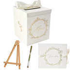 Pack Signature Ivoire et Or : 4 éléments (Urne Merci, Livre d’or, Stylo encre doré, Chevalet en bois) pour mariage, baptême, anniversaire, départ en retraite et toutes célébrations