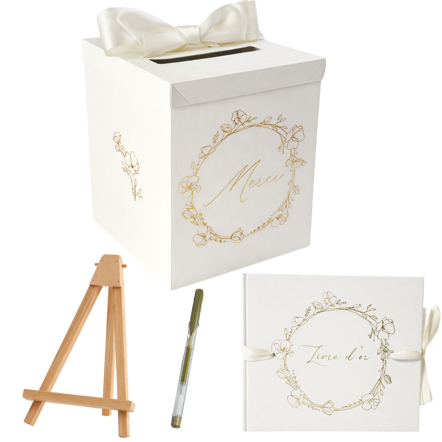 Pack Signature Ivoire et Or : 4 éléments (Urne Merci, Livre d’or, Stylo encre doré, Chevalet en bois) pour mariage, baptême, anniversaire, départ en retraite et toutes célébrations