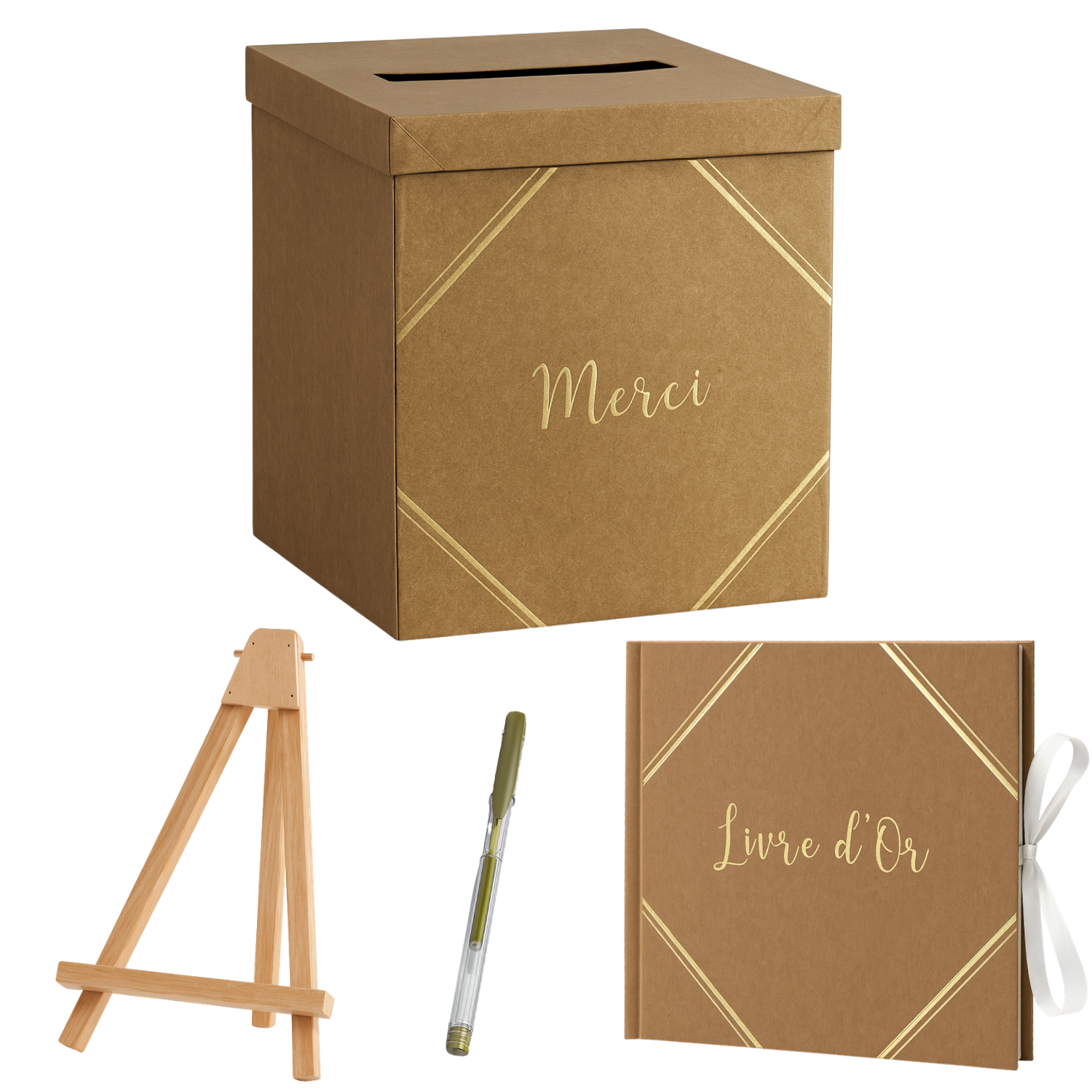 Pack Signature Kraft et Or : 4 éléments (Urne Merci, Livre d’or, Stylo encre doré, Chevalet en bois) pour mariage, baptême, anniversaire, départ en retraite et toutes célébrations