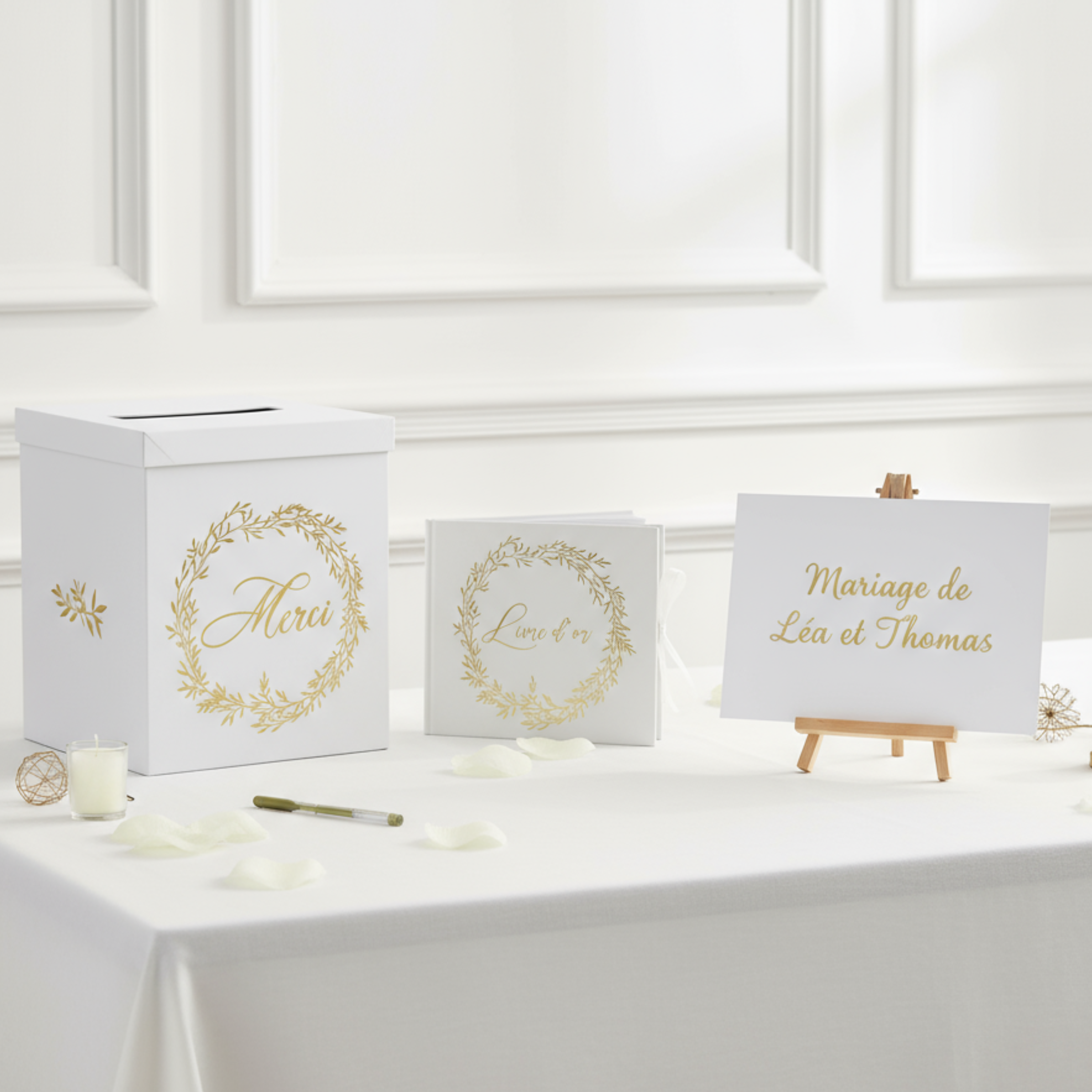 Pack Signature : 4 éléments (Urne Merci, Livre d’or, Stylo encre doré, Chevalet en bois) pour mariage, baptême, anniversaire, départ en retraite et toutes célébrations