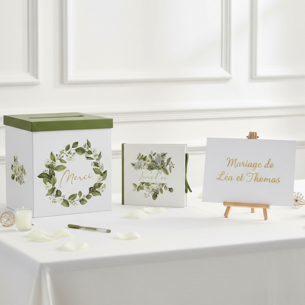Pack Signature Vert et Or : 4 éléments (Urne Merci, Livre d’or, Stylo encre doré, Chevalet en bois) pour mariage, baptême, anniversaire, départ en retraite et toutes célébrations