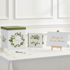 Pack Signature Vert et Or : 4 éléments (Urne Merci, Livre d’or, Stylo encre doré, Chevalet en bois) pour mariage, baptême, anniversaire, départ en retraite et toutes célébrations