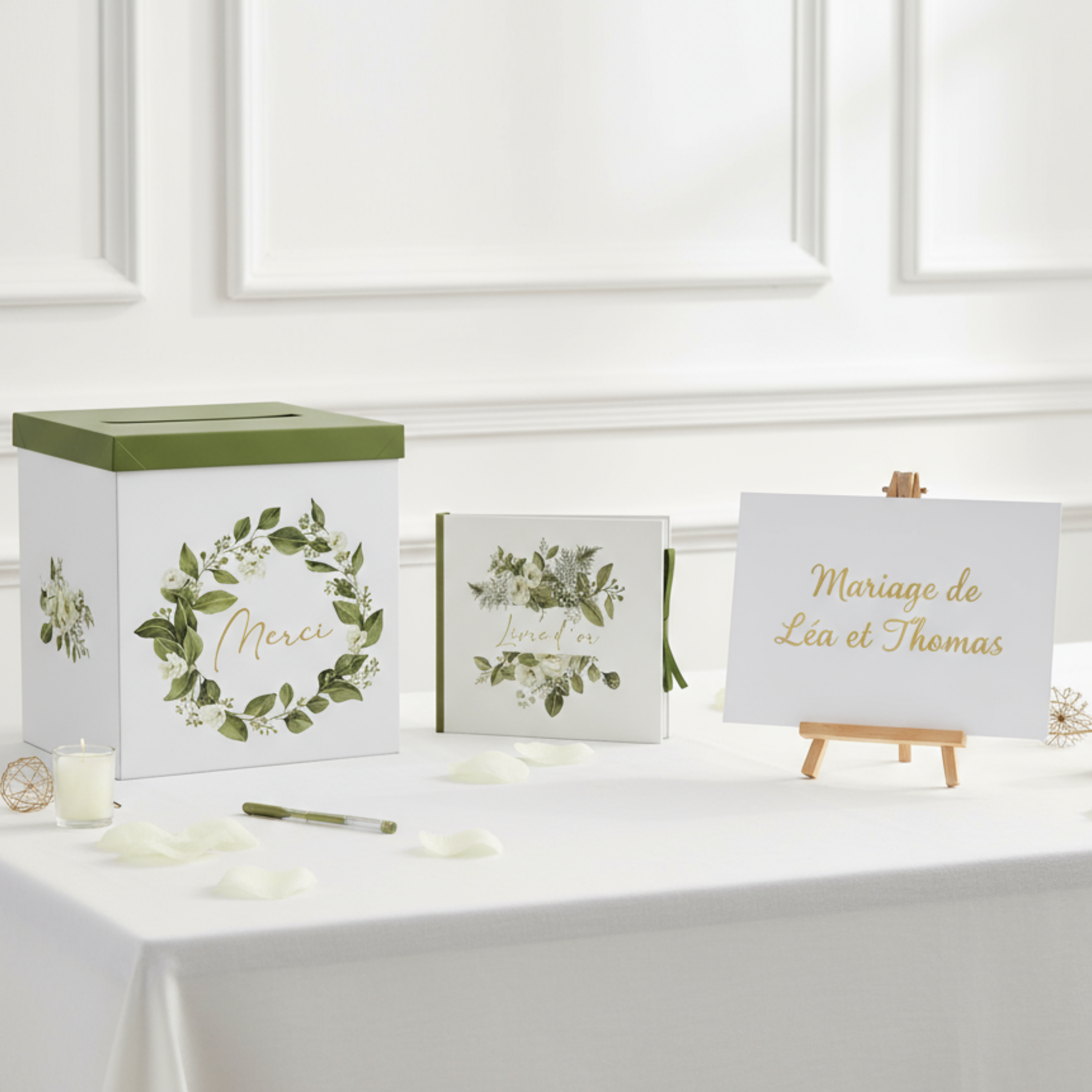 Pack Signature Vert et Or : 4 éléments (Urne Merci, Livre d’or, Stylo encre doré, Chevalet en bois) pour mariage, baptême, anniversaire, départ en retraite et toutes célébrations