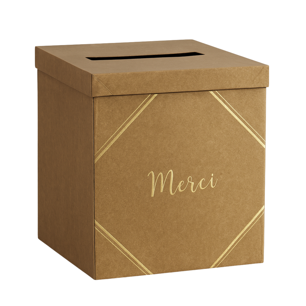 Pack Signature Kraft et Or : 4 éléments (Urne Merci, Livre d’or, Stylo encre doré, Chevalet en bois) pour mariage, baptême, anniversaire, départ en retraite et toutes célébrations