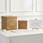 Pack Signature Kraft et Or : 4 éléments (Urne Merci, Livre d’or, Stylo encre doré, Chevalet en bois) pour mariage, baptême, anniversaire, départ en retraite et toutes célébrations