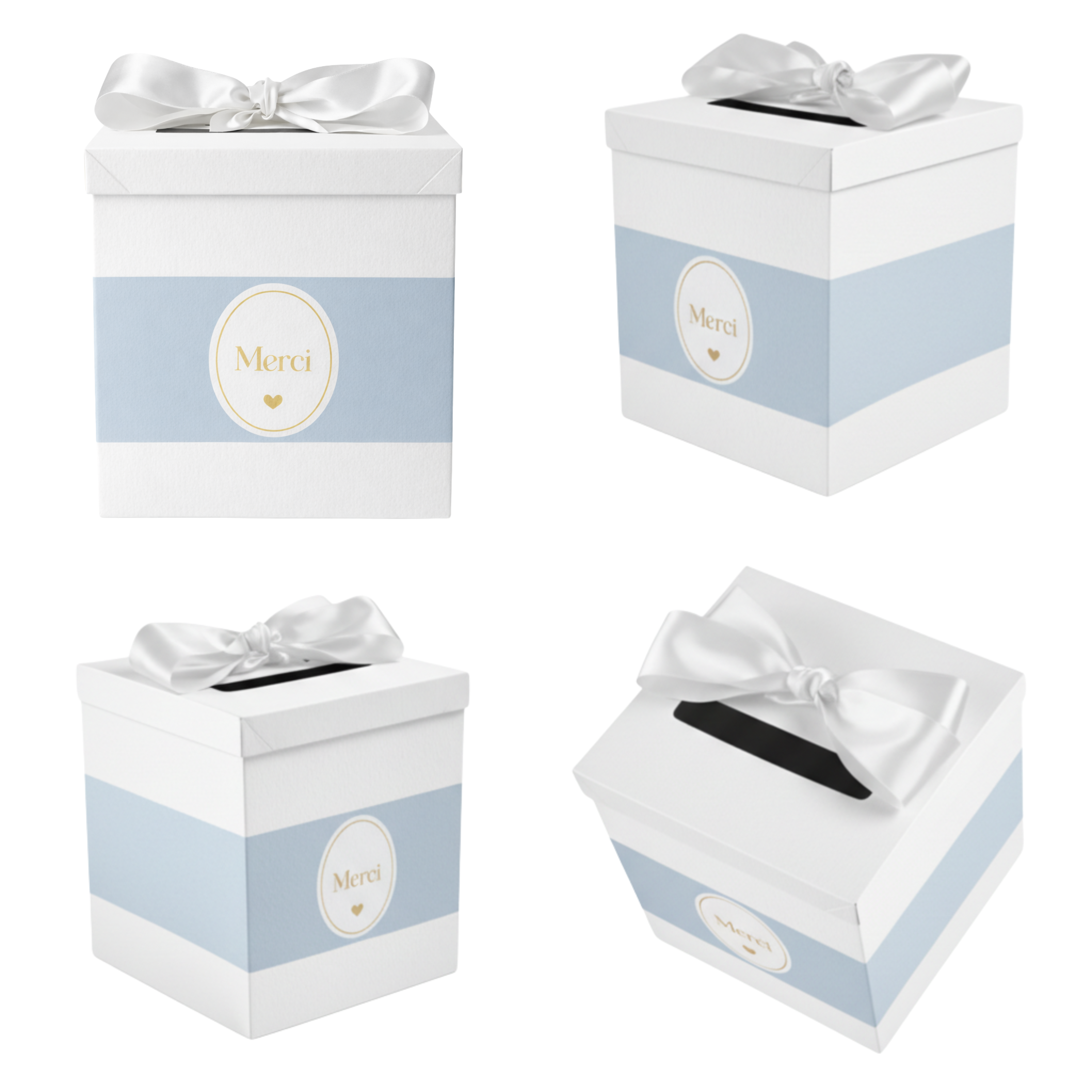 Pack Signature Bleu et Blanc : 4 éléments (Urne Merci, Livre d’or, Stylo encre doré, Chevalet en bois) pour mariage, baptême, anniversaire, départ en retraite et toutes célébrations