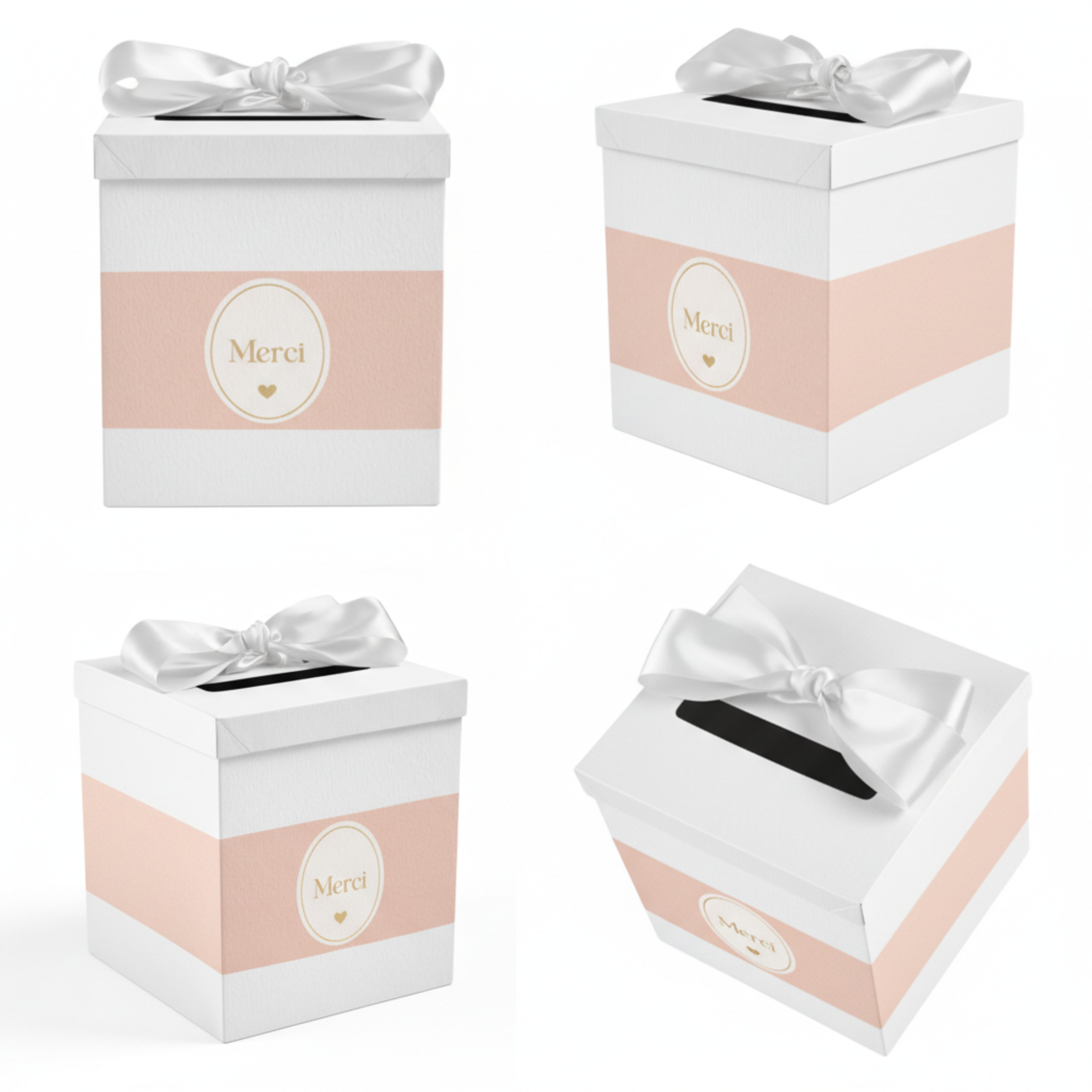 Pack Signature Rose et Blanc : 4 éléments (Urne Merci, Livre d’or, Stylo encre doré, Chevalet en bois) pour mariage, baptême, anniversaire, départ en retraite et toutes célébrations