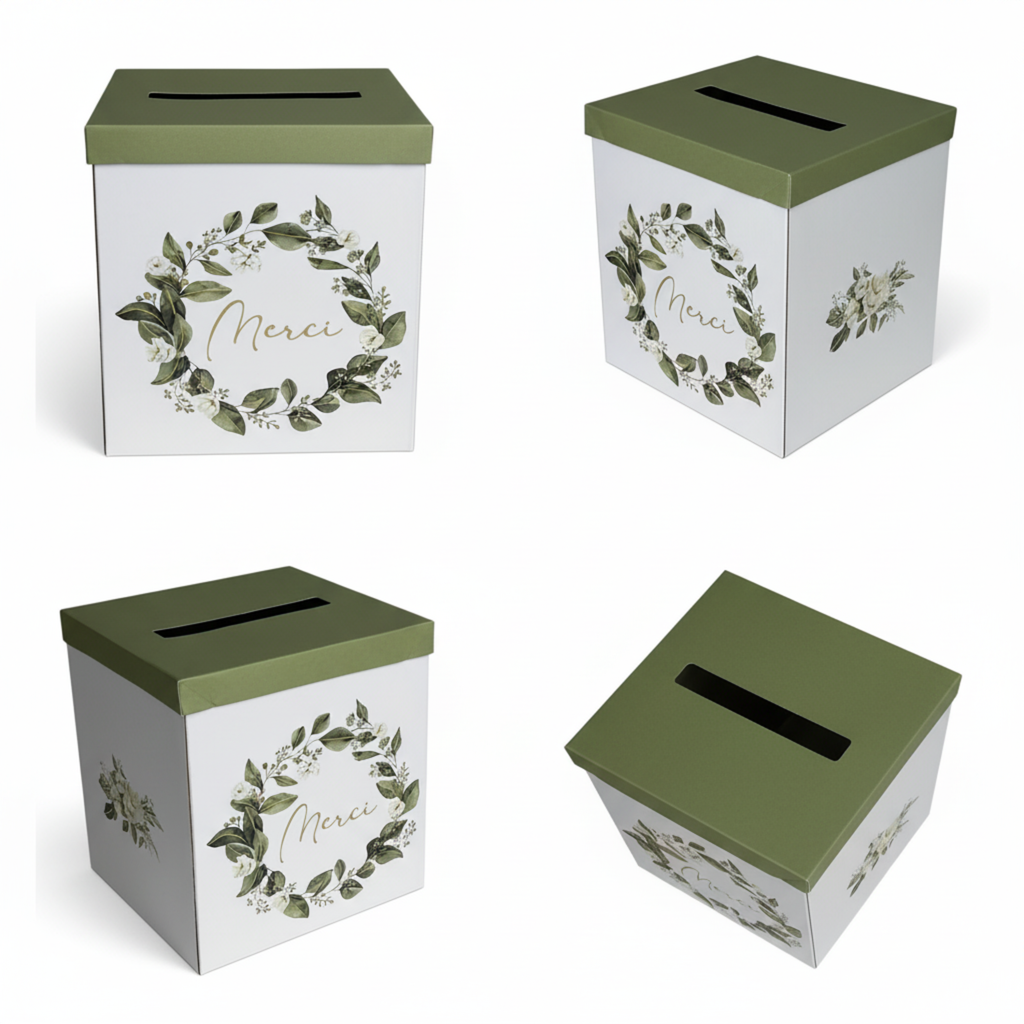 Pack Signature Vert et Or : 4 éléments (Urne Merci, Livre d’or, Stylo encre doré, Chevalet en bois) pour mariage, baptême, anniversaire, départ en retraite et toutes célébrations