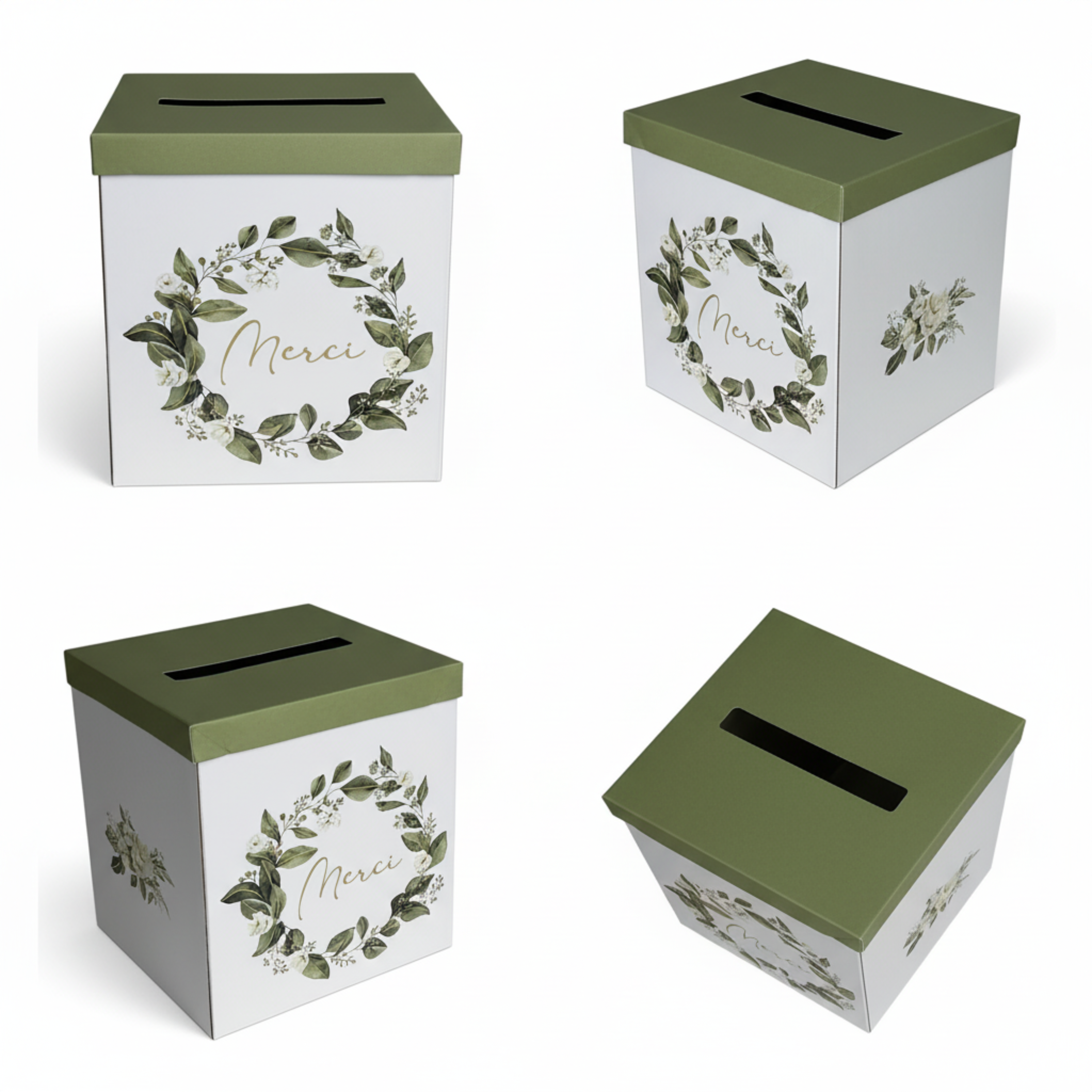 Pack Signature Vert et Or : 4 éléments (Urne Merci, Livre d’or, Stylo encre doré, Chevalet en bois) pour mariage, baptême, anniversaire, départ en retraite et toutes célébrations