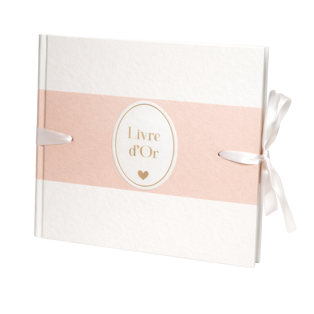 Pack Signature Rose et Blanc : 4 éléments (Urne Merci, Livre d’or, Stylo encre doré, Chevalet en bois) pour mariage, baptême, anniversaire, départ en retraite et toutes célébrations