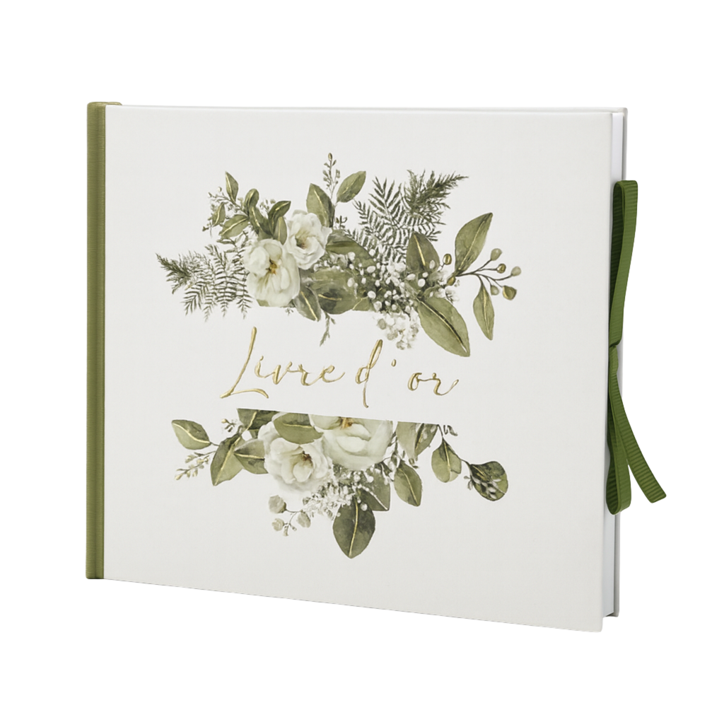 Pack Signature Vert et Or : 4 éléments (Urne Merci, Livre d’or, Stylo encre doré, Chevalet en bois) pour mariage, baptême, anniversaire, départ en retraite et toutes célébrations