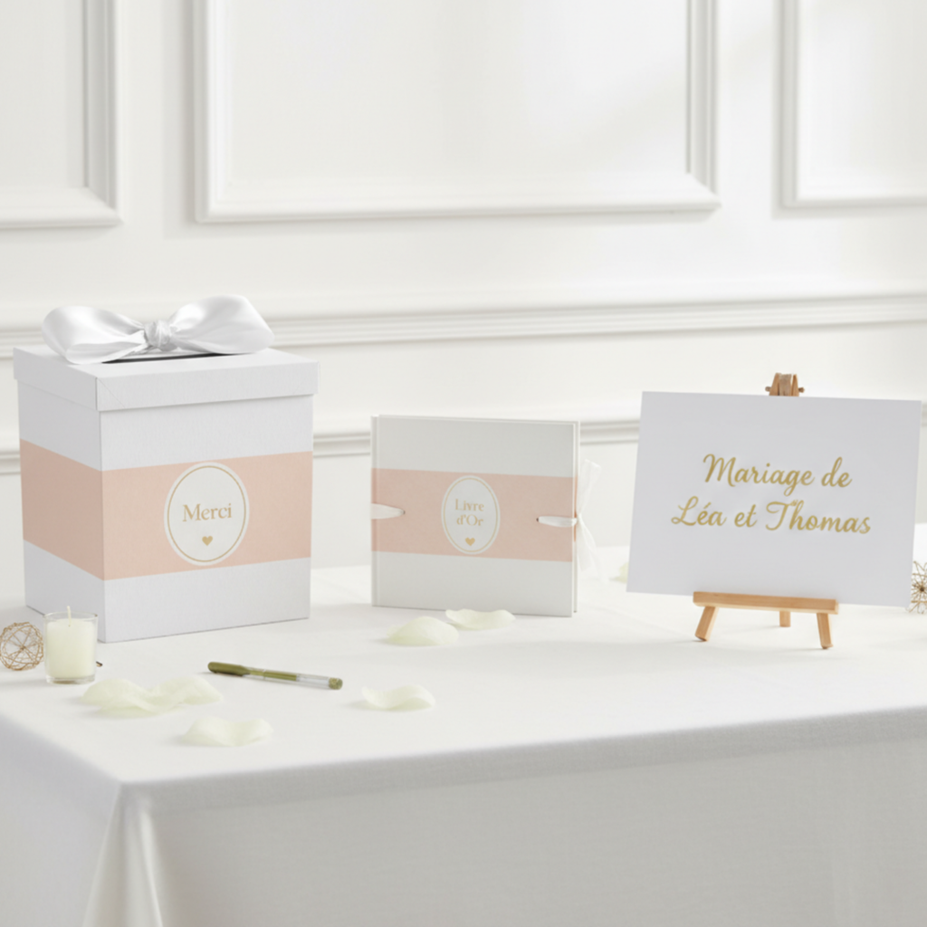 Pack Signature Rose et Blanc : 4 éléments (Urne Merci, Livre d’or, Stylo encre doré, Chevalet en bois) pour mariage, baptême, anniversaire, départ en retraite et toutes célébrations