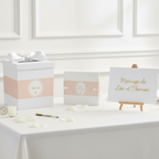Pack Signature Rose et Blanc : 4 éléments (Urne Merci, Livre d’or, Stylo encre doré, Chevalet en bois) pour mariage, baptême, anniversaire, départ en retraite et toutes célébrations