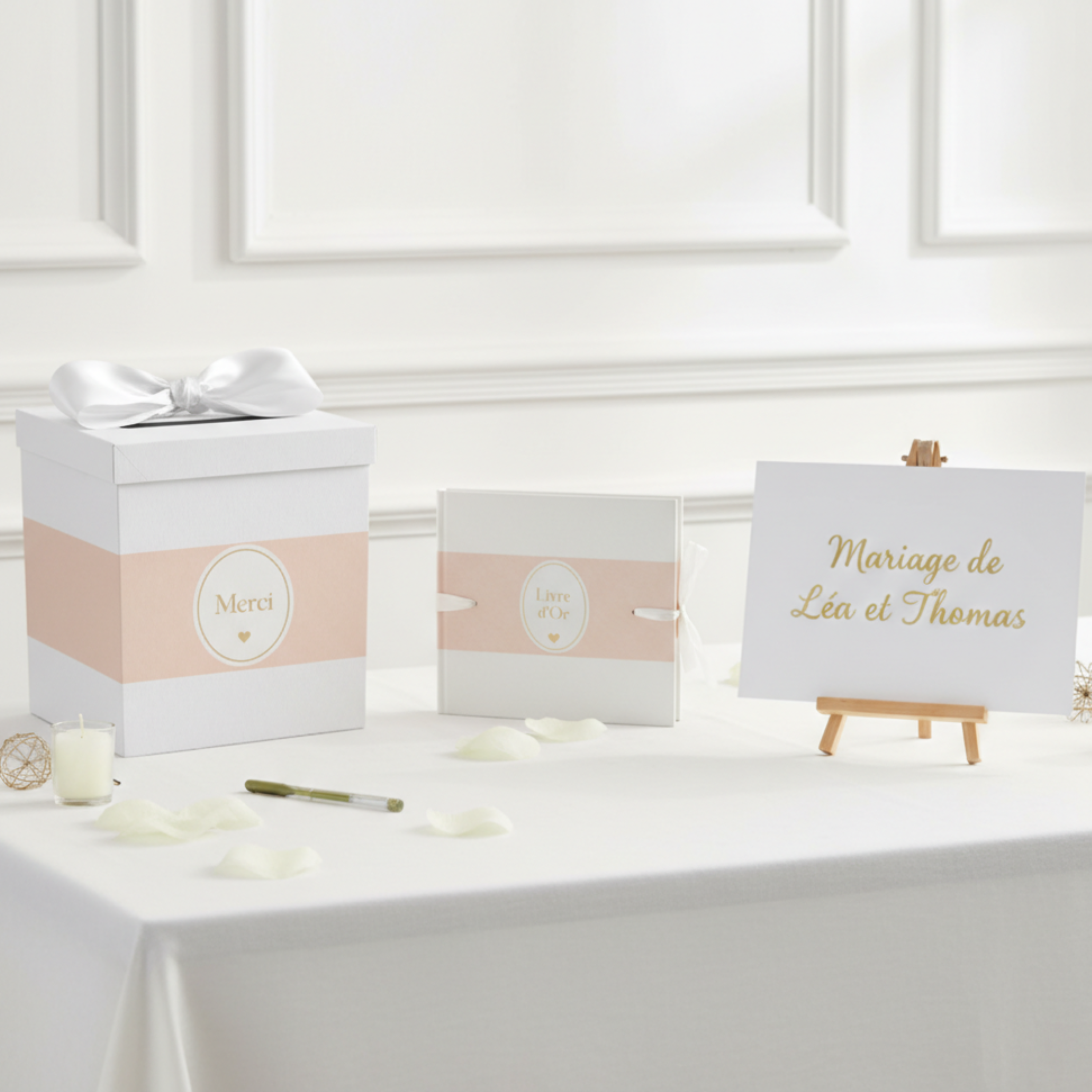 Pack Signature Rose et Blanc : 4 éléments (Urne Merci, Livre d’or, Stylo encre doré, Chevalet en bois) pour mariage, baptême, anniversaire, départ en retraite et toutes célébrations