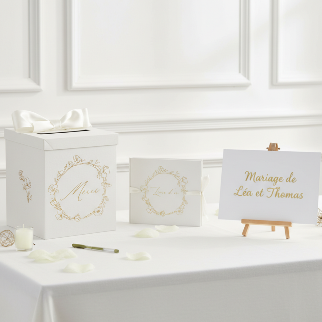 Pack Signature Ivoire et Or : 4 éléments (Urne Merci, Livre d’or, Stylo encre doré, Chevalet en bois) pour mariage, baptême, anniversaire, départ en retraite et toutes célébrations