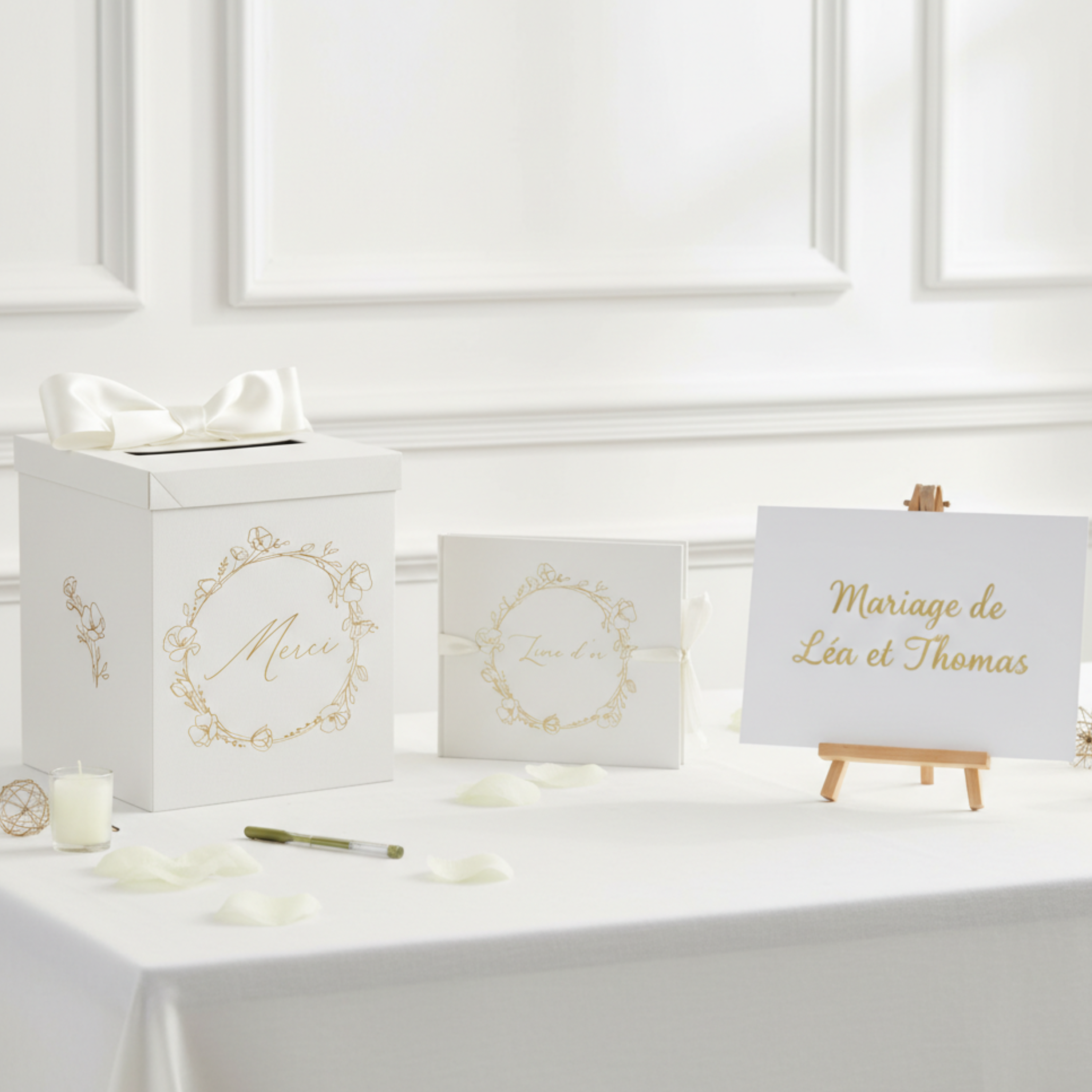 Pack Signature Ivoire et Or : 4 éléments (Urne Merci, Livre d’or, Stylo encre doré, Chevalet en bois) pour mariage, baptême, anniversaire, départ en retraite et toutes célébrations