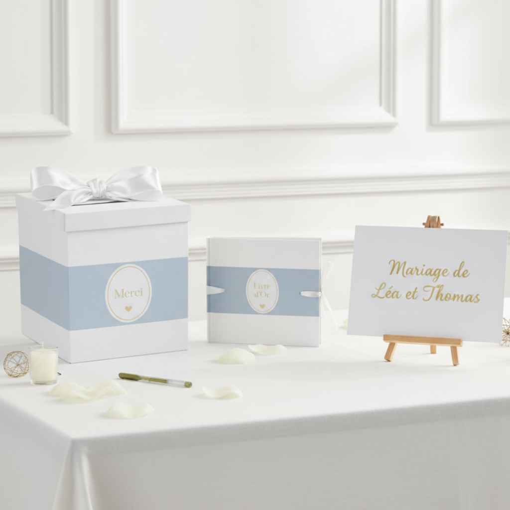 Pack Signature Bleu et Blanc : 4 éléments (Urne Merci, Livre d’or, Stylo encre doré, Chevalet en bois) pour mariage, baptême, anniversaire, départ en retraite et toutes célébrations
