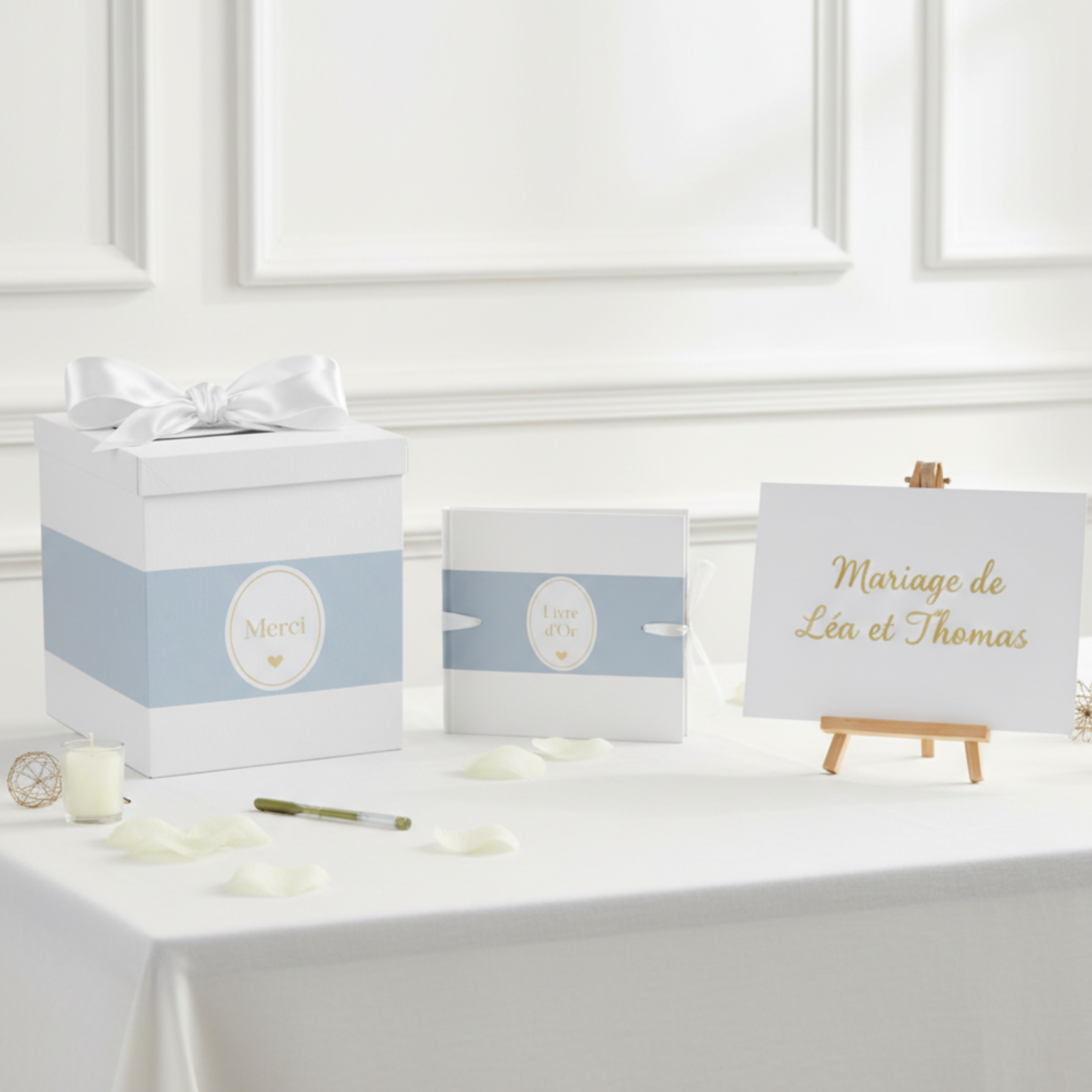 Pack Signature Bleu et Blanc : 4 éléments (Urne Merci, Livre d’or, Stylo encre doré, Chevalet en bois) pour mariage, baptême, anniversaire, départ en retraite et toutes célébrations