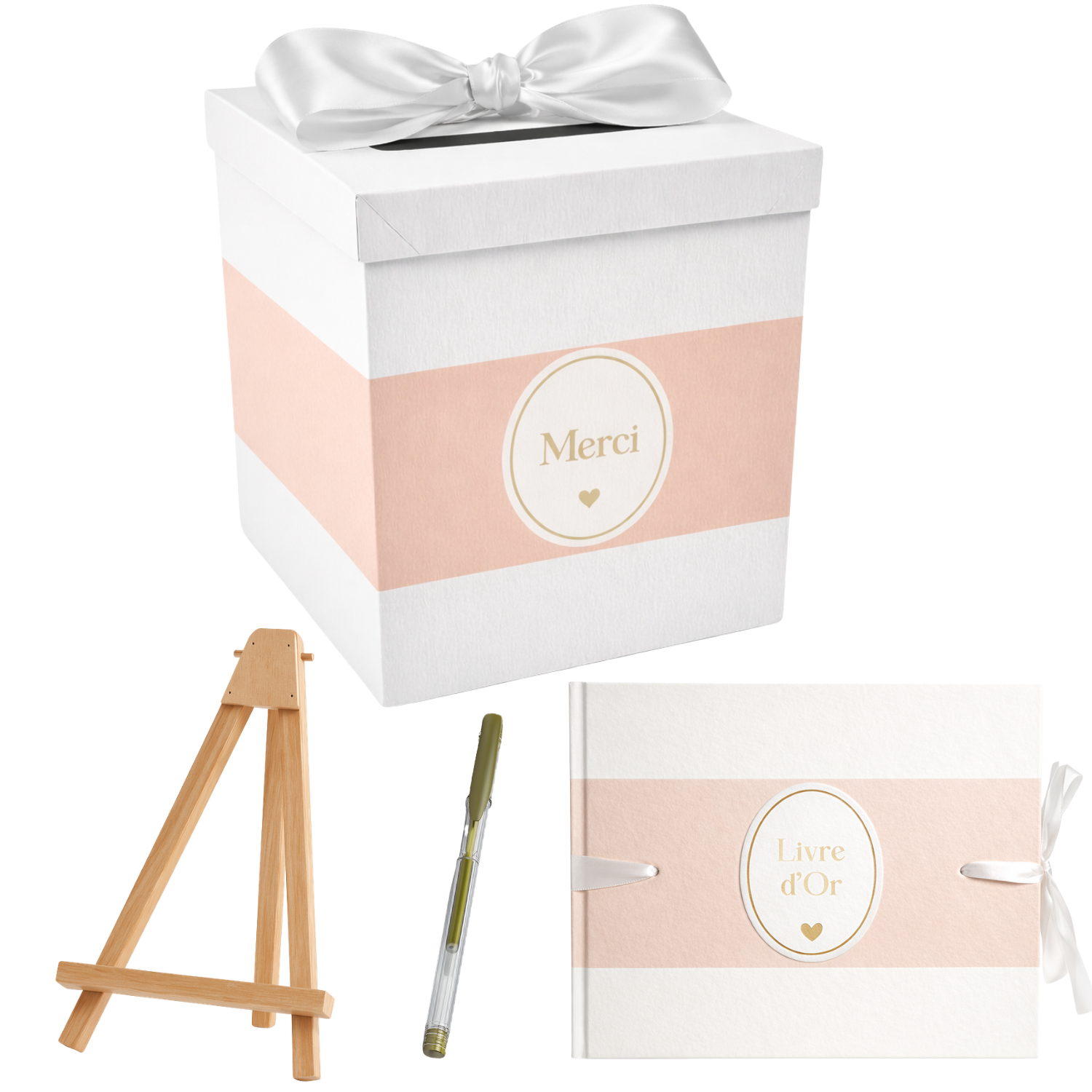 Pack Signature Rose et Blanc : 4 éléments (Urne Merci, Livre d’or, Stylo encre doré, Chevalet en bois) pour mariage, baptême, anniversaire, départ en retraite et toutes célébrations