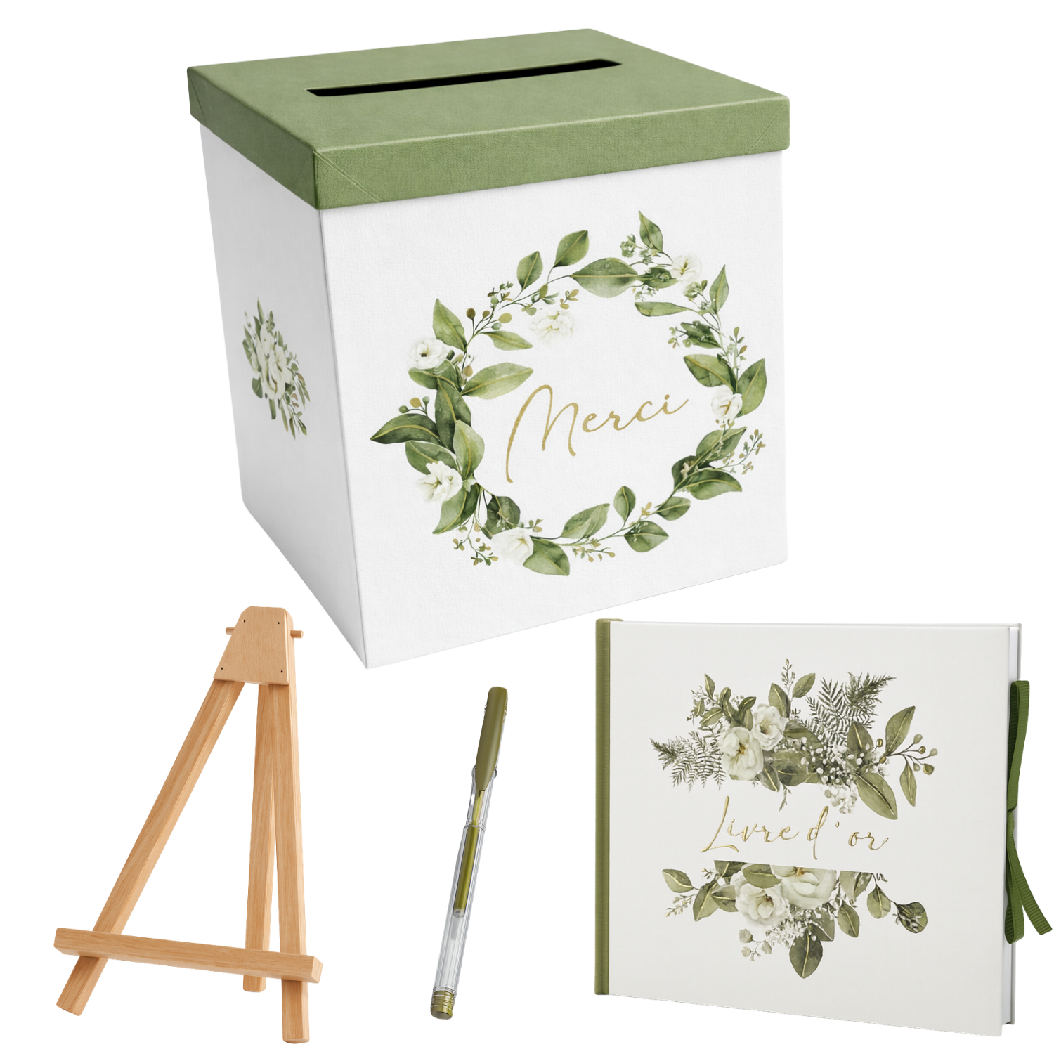 Pack Signature Vert et Or : 4 éléments (Urne Merci, Livre d’or, Stylo encre doré, Chevalet en bois) pour mariage, baptême, anniversaire, départ en retraite et toutes célébrations